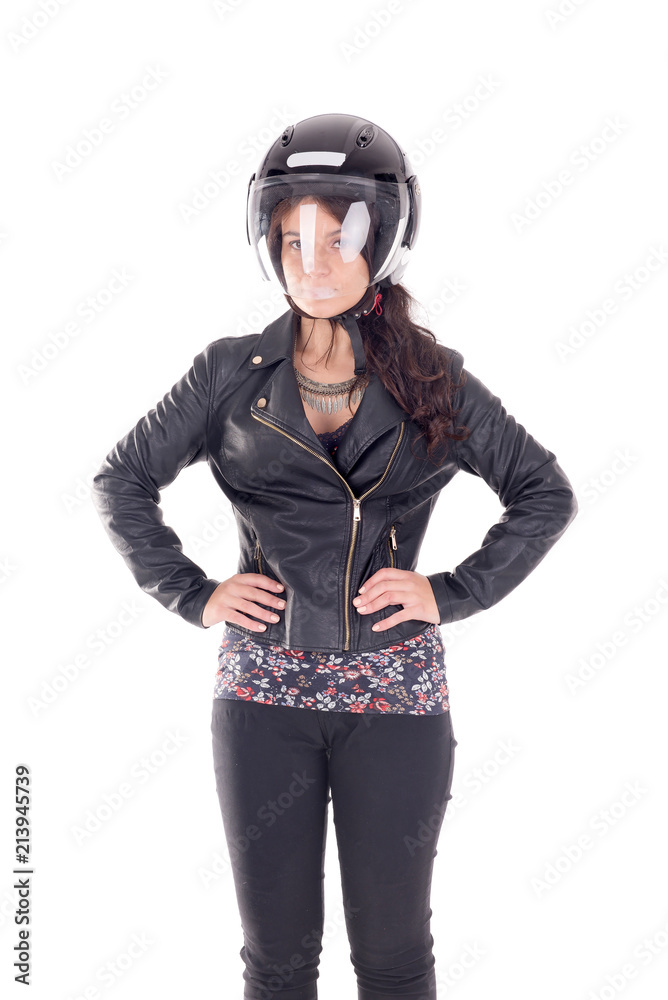 young female biker isolated in white young female biker isolated in white