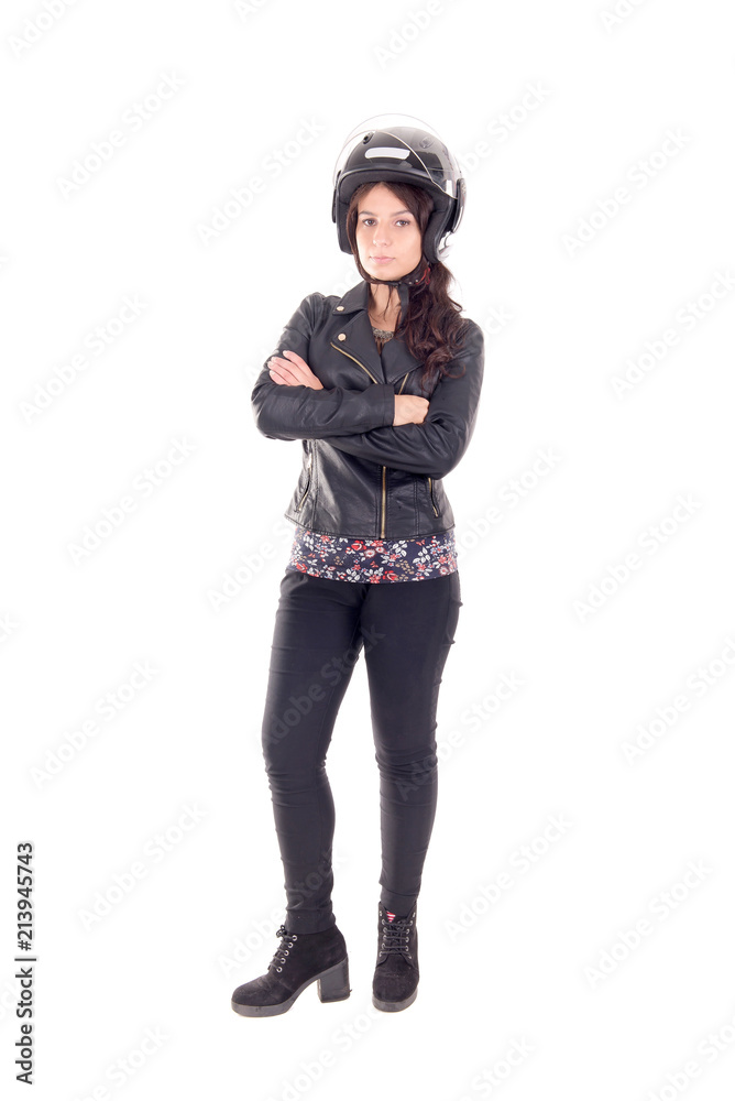 young female biker isolated in white young female biker isolated in white