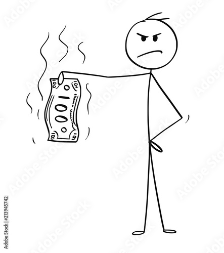 Cartoon stick drawing conceptual illustration of disgusted or angry man or businessman holding dirty money banknote.