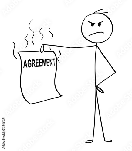 Cartoon stick drawing conceptual illustration of angry or disgusted man or businessman holding unfair or unethical agreement.