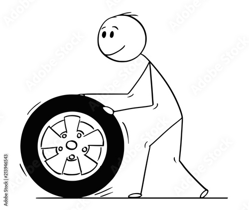 Cartoon stick drawing conceptual illustration of man rolling car wheel and tire.