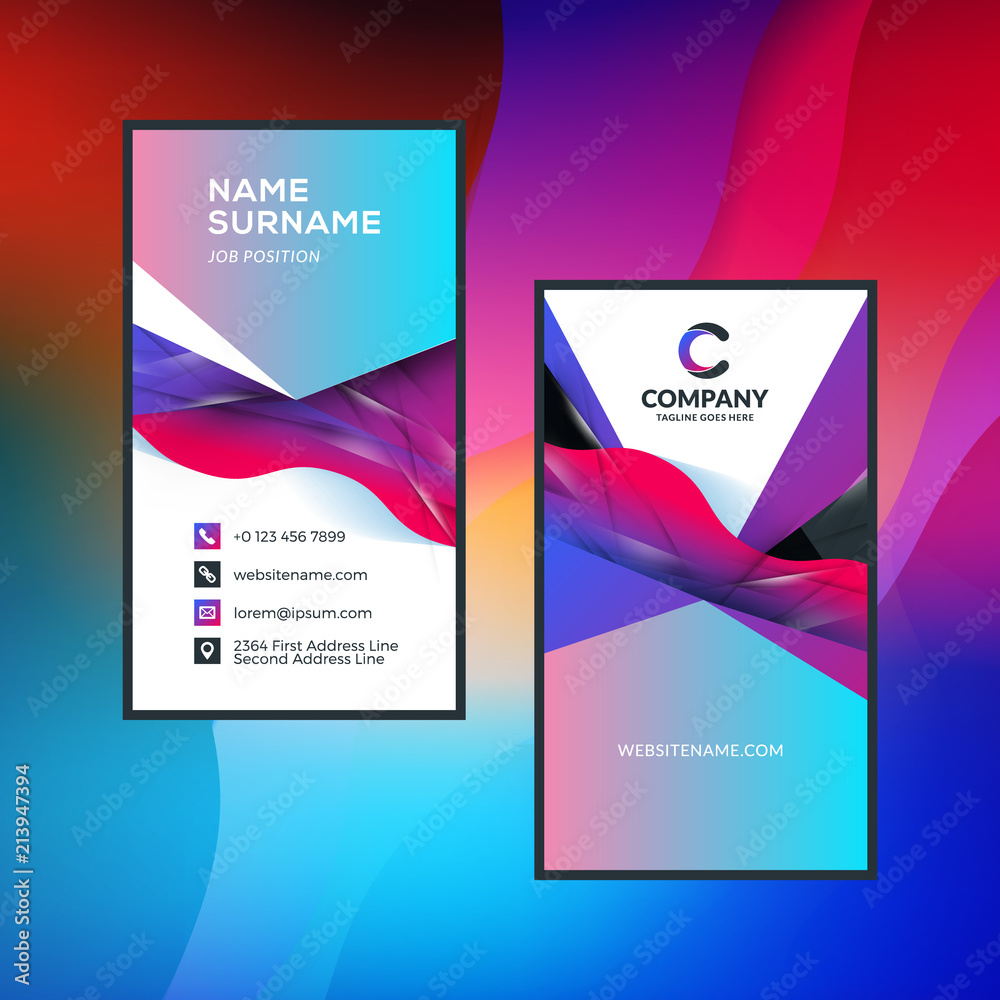 Double-sided vertical business card template with abstract background. Vivid gradients. Vector mockup illustration. Stationery design