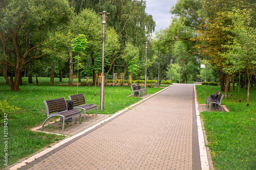 Fototapeta Naklejka Na Ścianę i Meble -  Summer Park with views of the path and benches surrounded by trees