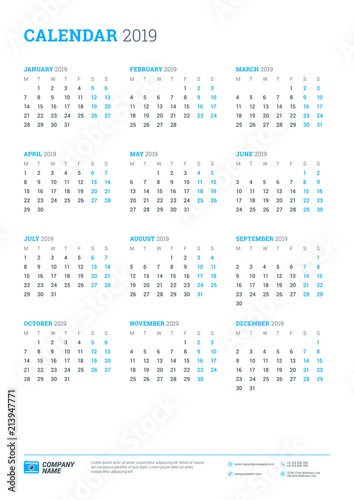 Calendar for 2019 year. Week starts on Monday. Printable vector stationery design template