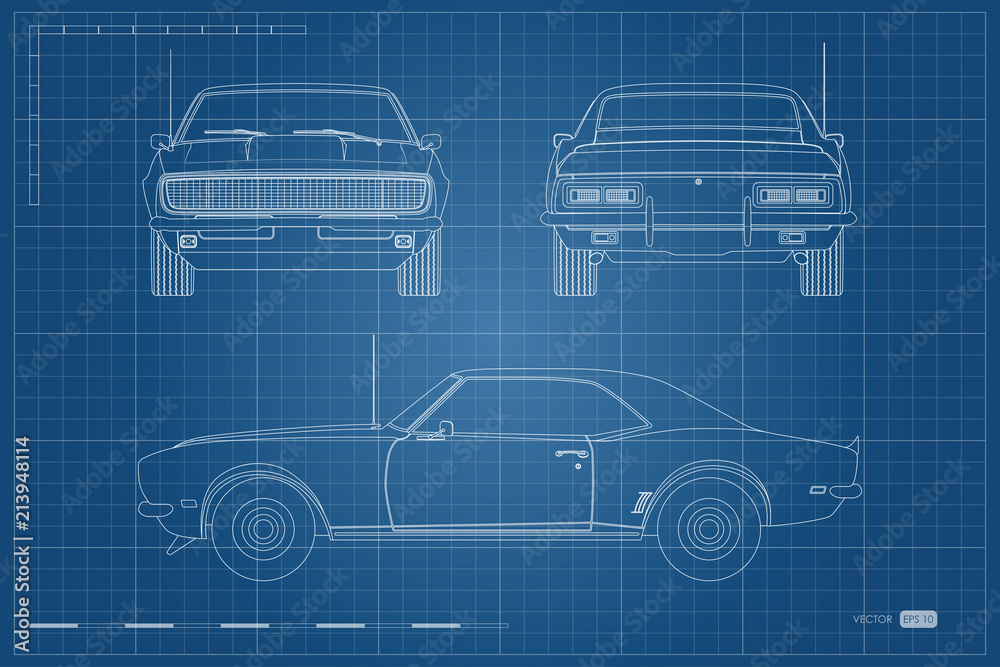 Blueprint of retro car. American vintage automobile of 1960s in outline style. Front, side and back view. Classic auto