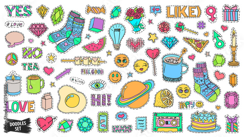 Patch badges set. Doodle sketch vector. Comic stickers. Social media emoji. Pop art. Cute and funny doodles. College fashionable pins.