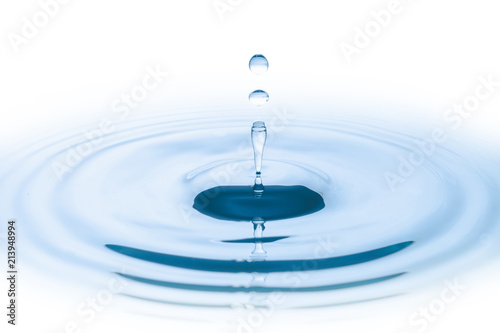 Blue water drop falling down and circles wave.