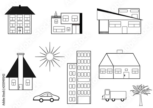 The set of buildings. Collection of drawings, symbols, buildings, tree's and cars. Format jpg and vector.