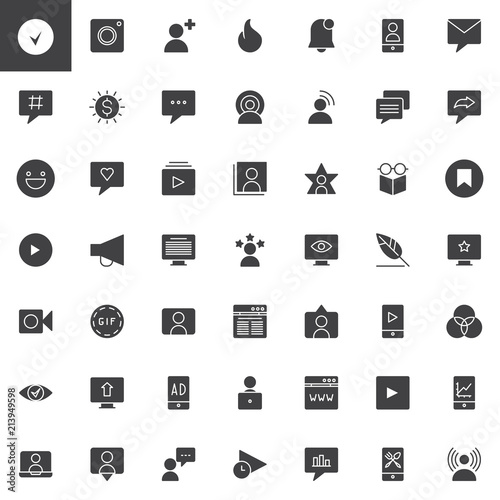 Blogger and influencer vector icons set, modern solid symbol collection, filled style pictogram pack. Signs logo illustration. Set includes icons as Follower, Hashtag, Sponsor, Comment, Like, Accounts
