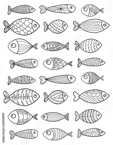 Set of vector stylized fishes. Collection of aquarium fish. Linear Art. Illustration for children.