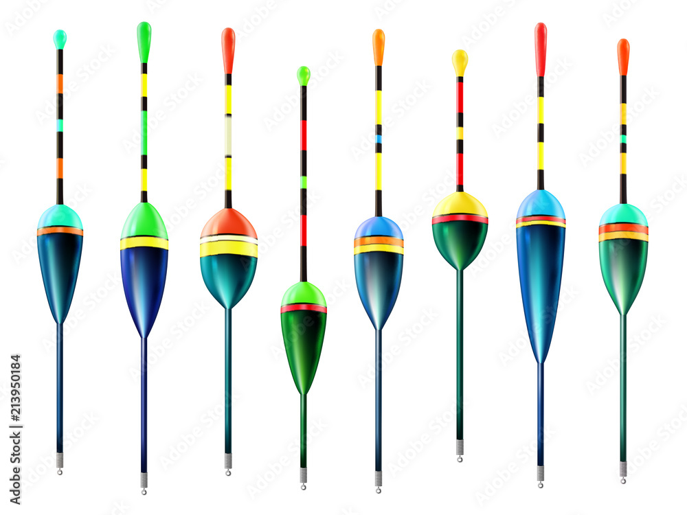 Fishing bobbers set hooks realistic collection isolated Fishing bobbers set hooks realistic collection isolated