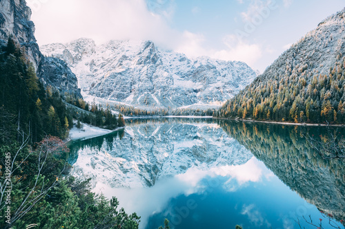 Great alpine lake Braies (Pragser Wildsee). Location place Dolomiti, national park Fanes-Sennes-Braies, South Tyrol, Italy.