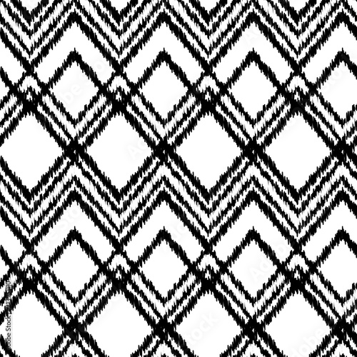 Black and white ikat ornament geometric chevron fabric seamless pattern, vector