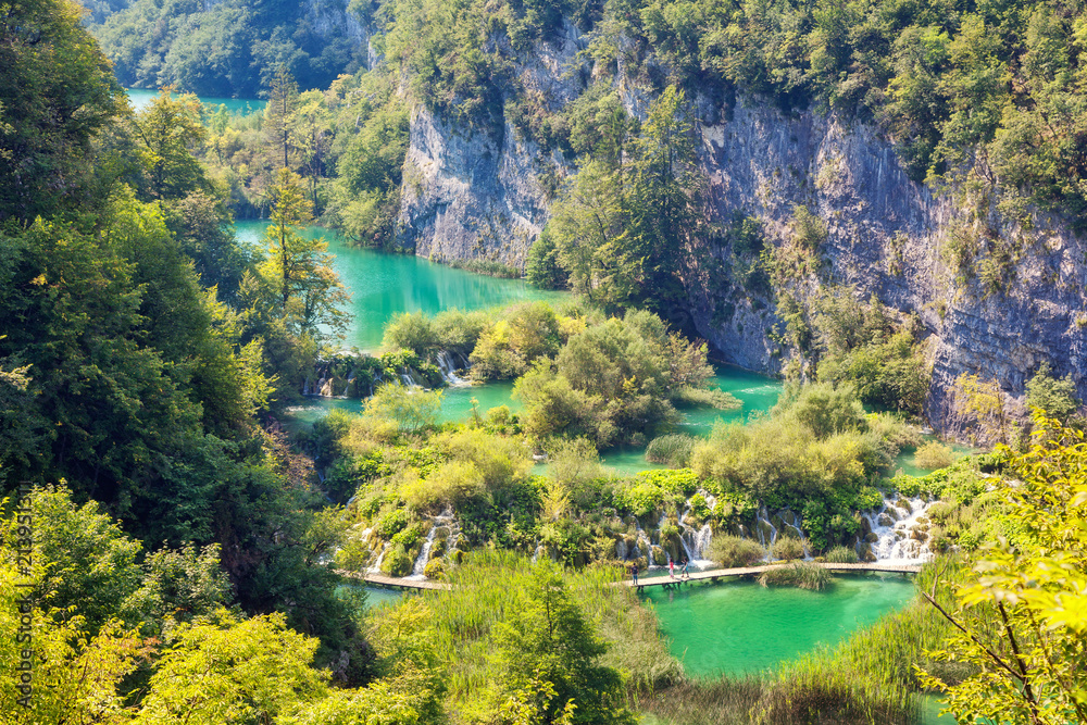 Majestic view on turquoise water in sunny day. Location Plitvice Lakes National Park, Croatia. Majestic view on turquoise water in sunny day. Location Plitvice Lakes National Park, Croatia.