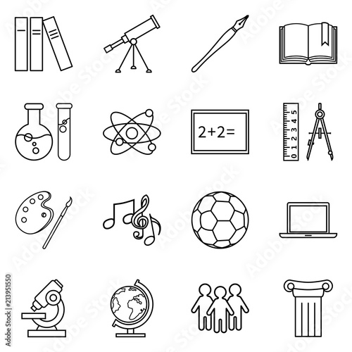 Vector Set of Black Outline Icons - School Subject Icons