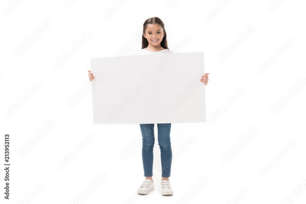 smiling child with blank banner in hands looking at camera isolated on white smiling child with blank banner in hands looking at camera isolated on white