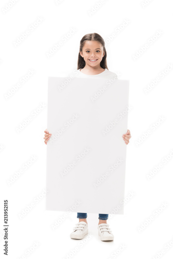 smiling child with blank banner in hands looking at camera isolated on white smiling child with blank banner in hands looking at camera isolated on white