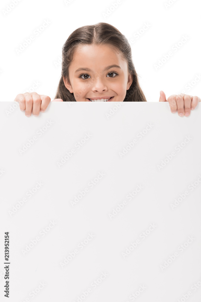 smiling child with blank banner in hands looking at camera isolated on white smiling child with blank banner in hands looking at camera isolated on white