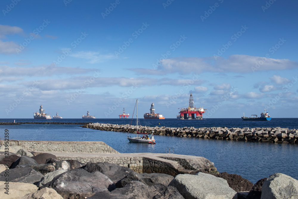 View of power energy platforms in Tenerife coast, Spain.