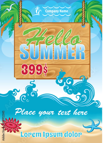 Summer Travel Template, Beach Party Invitation Flyer, Sea Holiday concept design, touristic company poster
