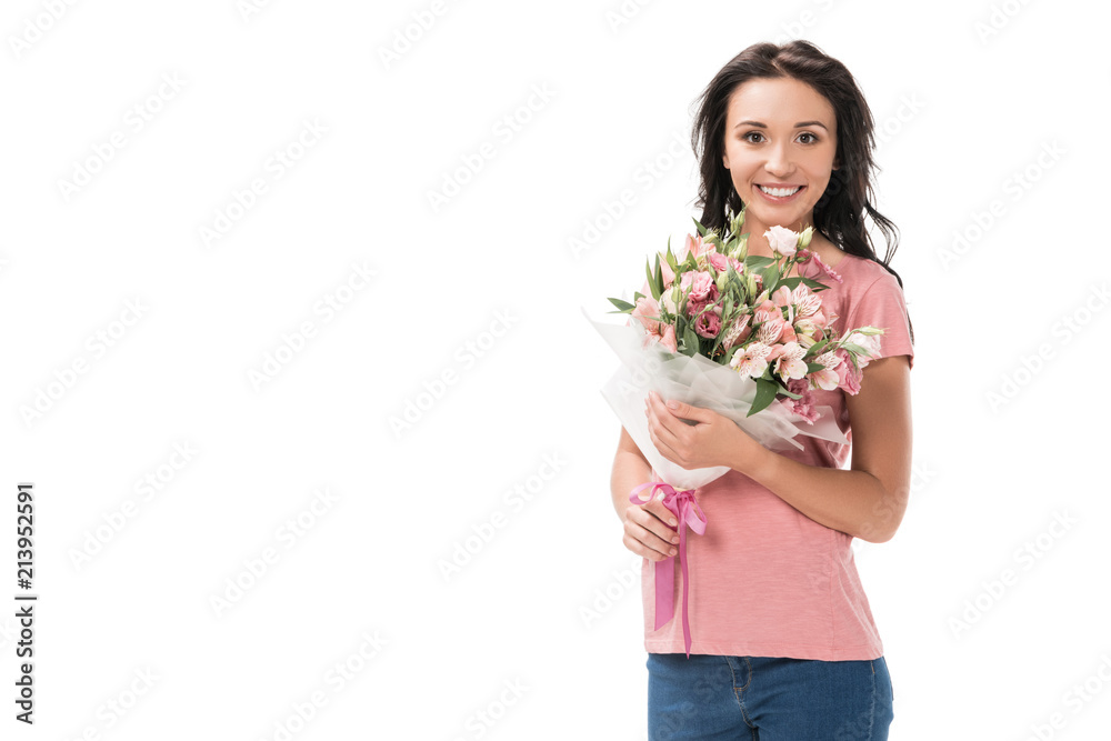 portrait of smiling woman with bouquet of flowers isolated on white portrait of smiling woman with bouquet of flowers isolated on white