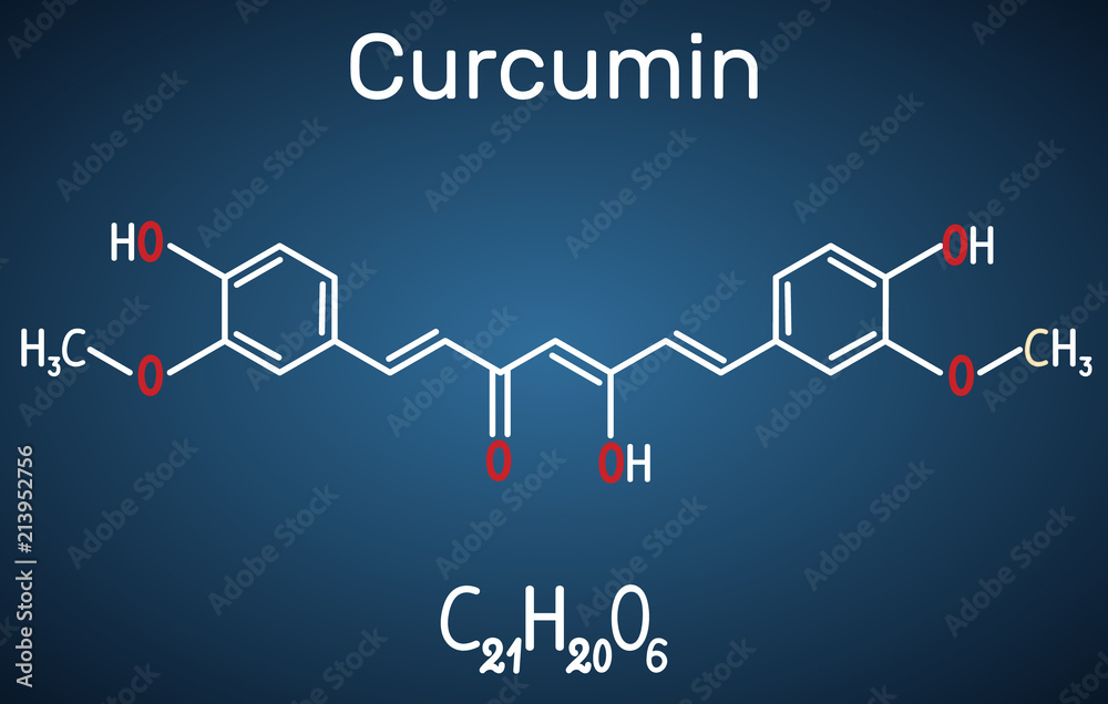Curcumin molecule. Structural chemical formula on the dark blue background Curcumin molecule. Structural chemical formula on the dark blue background