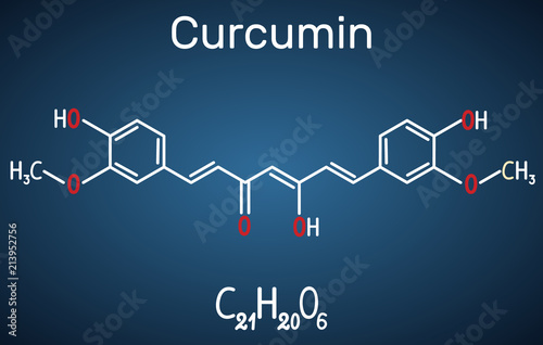 Curcumin molecule. Structural chemical formula on the dark blue background photo