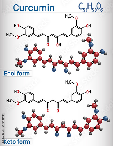 Curcumin molecule. Enol and Keto forms. It is used as an herbal supplement, cosmetics ingredient, food flavoring, food coloring  Structural chemical formula