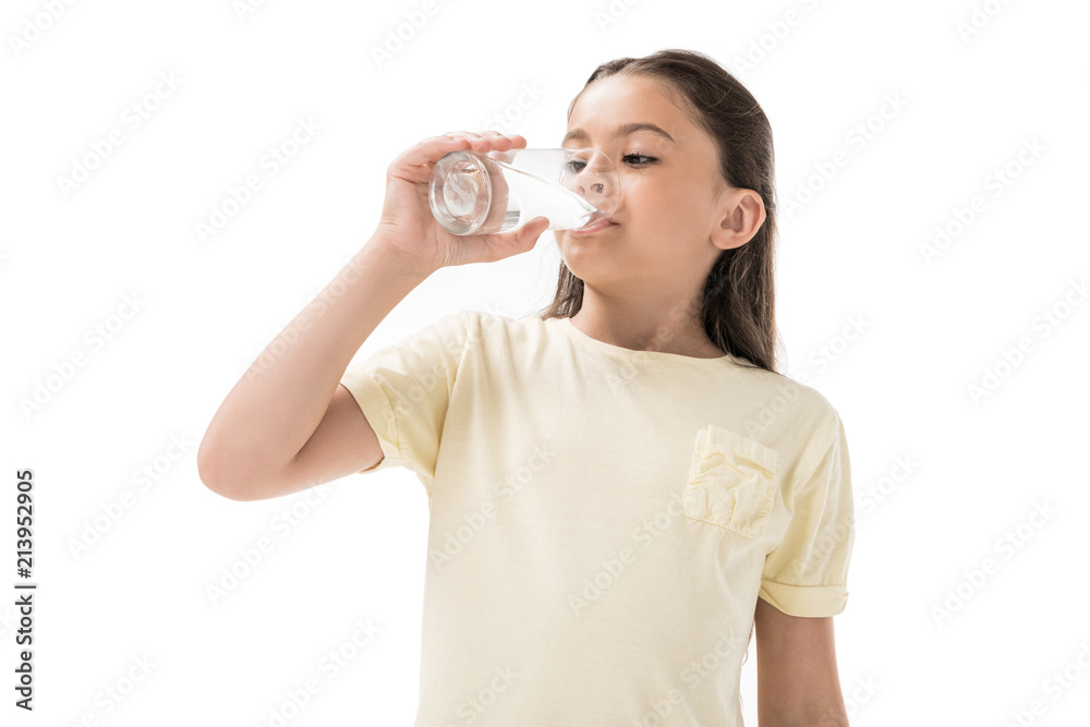 portrait of little child drinking water from glass isolated on white portrait of little child drinking water from glass isolated on white