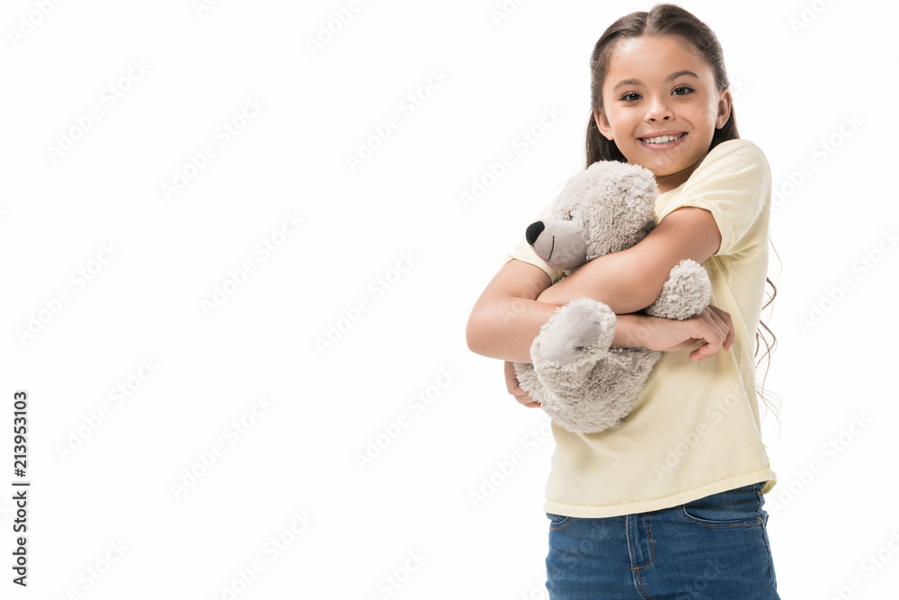 portrait of cute smiling kid hugging teddy bear isolated on white portrait of cute smiling kid hugging teddy bear isolated on white