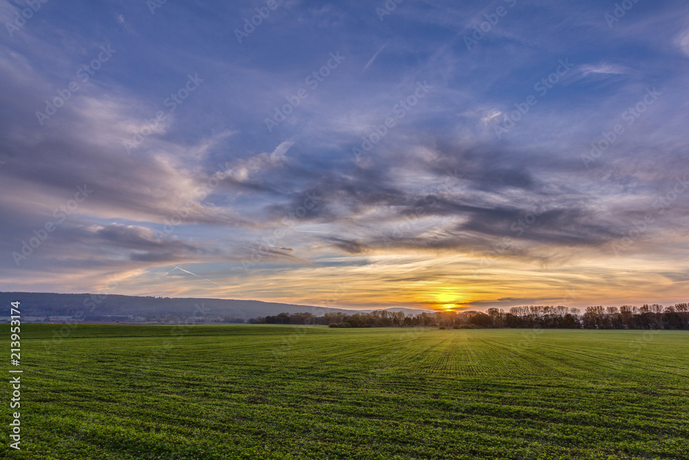 Vivid spring sunset scene. Landscape with large green field and beautiful clouds. Warm, peaceful, quiet.