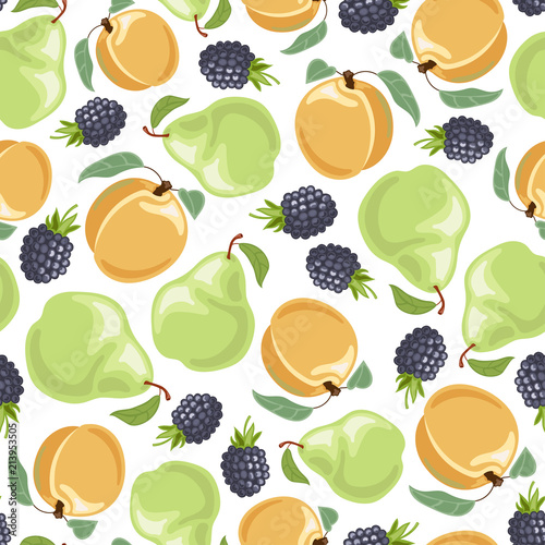 Peach  pear  blackberries seamless pattern. Vector illustration.