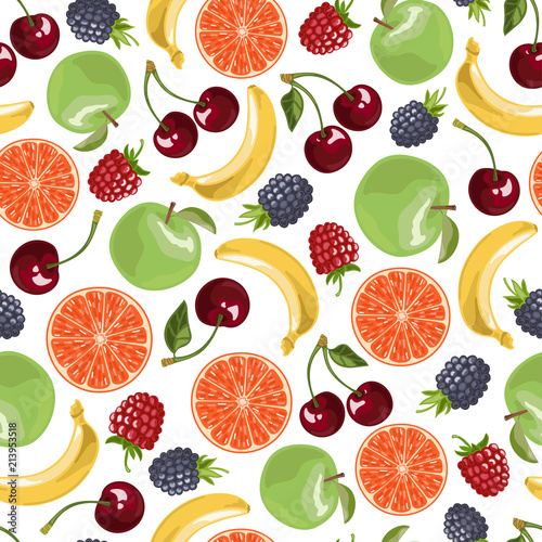 Fruits seamless pattern. Vector illustration in cartoon style.