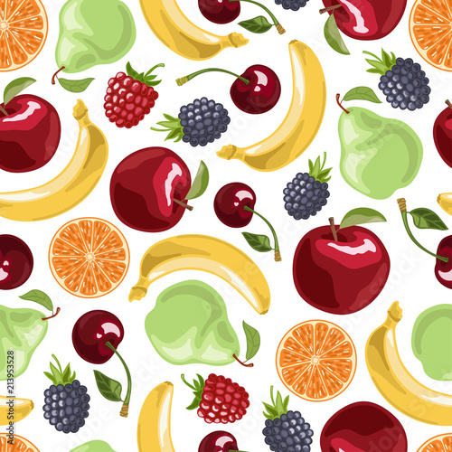 Fototapeta Naklejka Na Ścianę i Meble -  Fruits seamless pattern. Vector illustration in cartoon style.