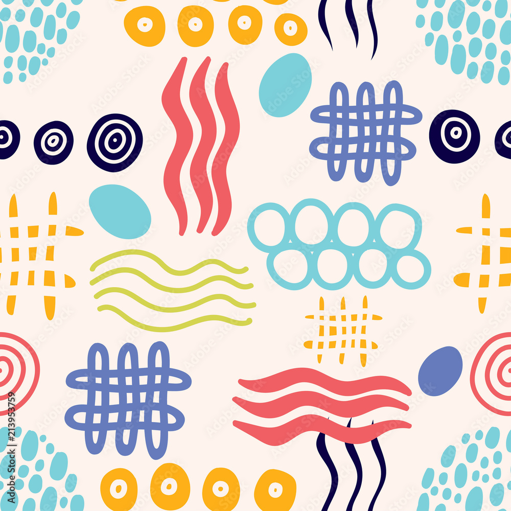 Abstract seamless doodle patterns on shabby background. Vector.