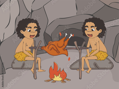 caveman cartoon family roasting prey in the cave