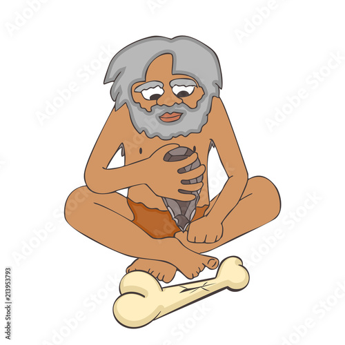 early human with hand axe cartoon