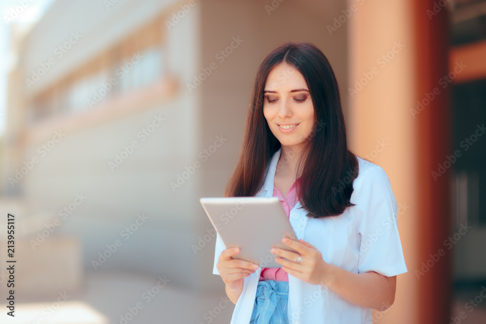Female Doctor with Pc Tablet Front of Hospital Clinic Female Doctor with Pc Tablet Front of Hospital Clinic