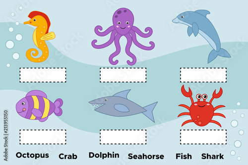 Educational game for kids. Write the right word under the sea animals. Cartoon funny characters. Vector illustration