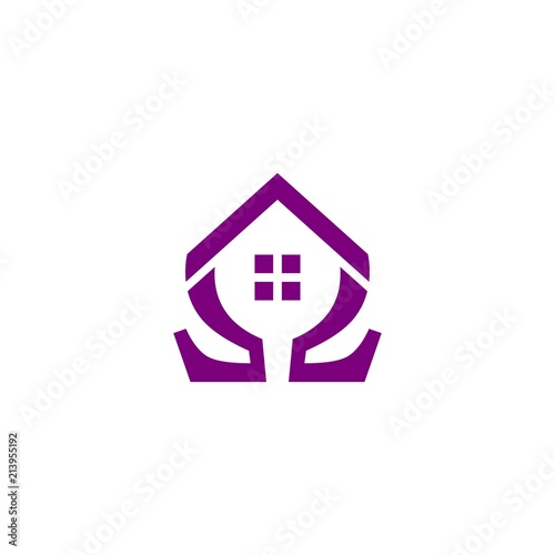 Purple omega house roof and window symbol, for a building business with the initials omega.
