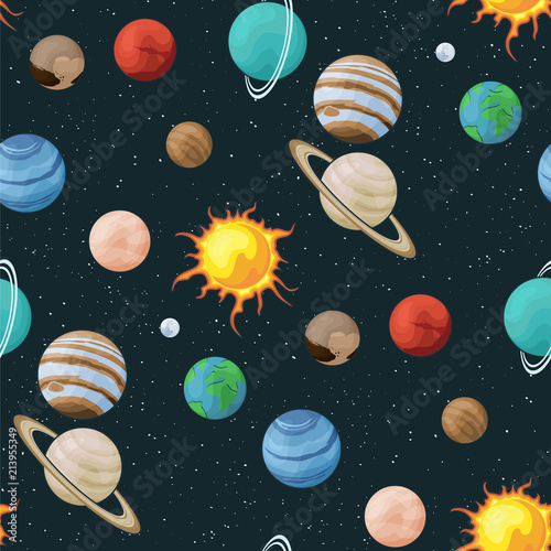 Solar system vector seamless pattern of planets in space universe texture galaxy background