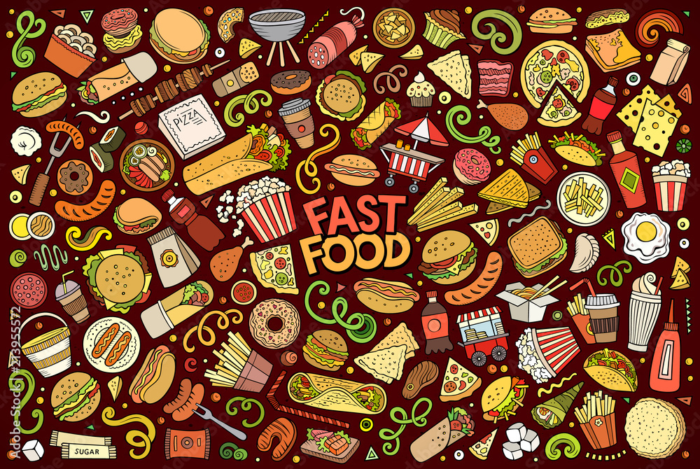 Vector set of Fast food objects and symbols - obrazy, fototapety, plakaty 