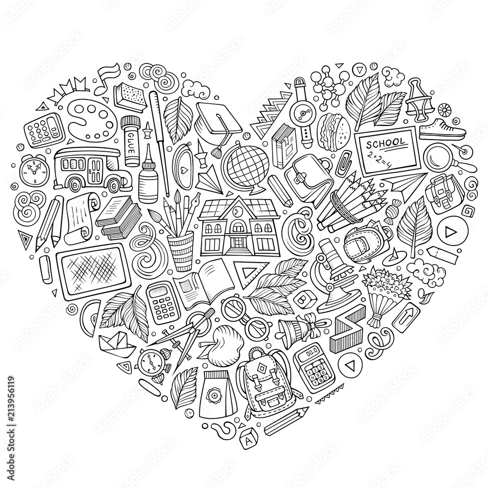 Line art vector hand drawn set of School cartoon doodle objects Line art vector hand drawn set of School cartoon doodle objects