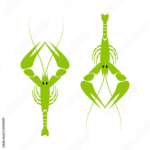 Langoustine logo. Green river lobster, crayfish or crustacean delicacies isolated on white background. Seafood design. Vector illustration.