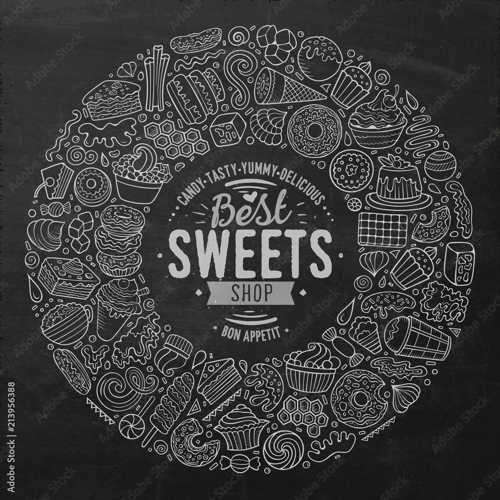 Set of Sweet food cartoon doodle objects, symbols and items Set of Sweet food cartoon doodle objects, symbols and items