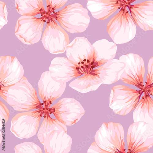 Seamless pattern with blossoming apple tree flowers on pink background. Elegance vintage endless texture in watercolor style .