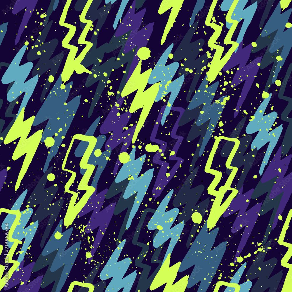 Abstract seamless vector pattern for girls, boys, clothes. Creative background with dots, lightning figures Funny wallpaper for textile and fabric. Fashion style. Colorful bright