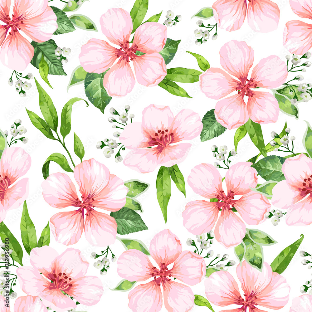 Seamless pattern with blossoming apple tree flowers on white background. Elegance vintage endless texture in watercolor style .