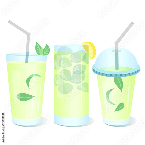 Set of lemonade glasses icons with mint leaves and lemon slice. Can be used for soft drinks menu design.