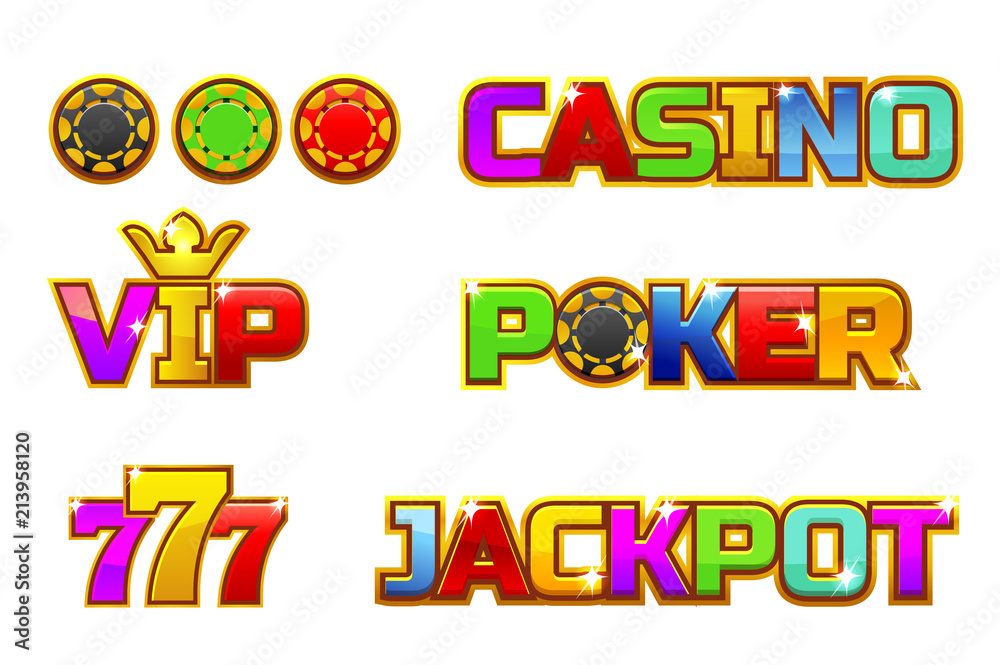 Vector set colorful logo JACKPOT, POKER, 777, CASINO and VIP. Gold chips